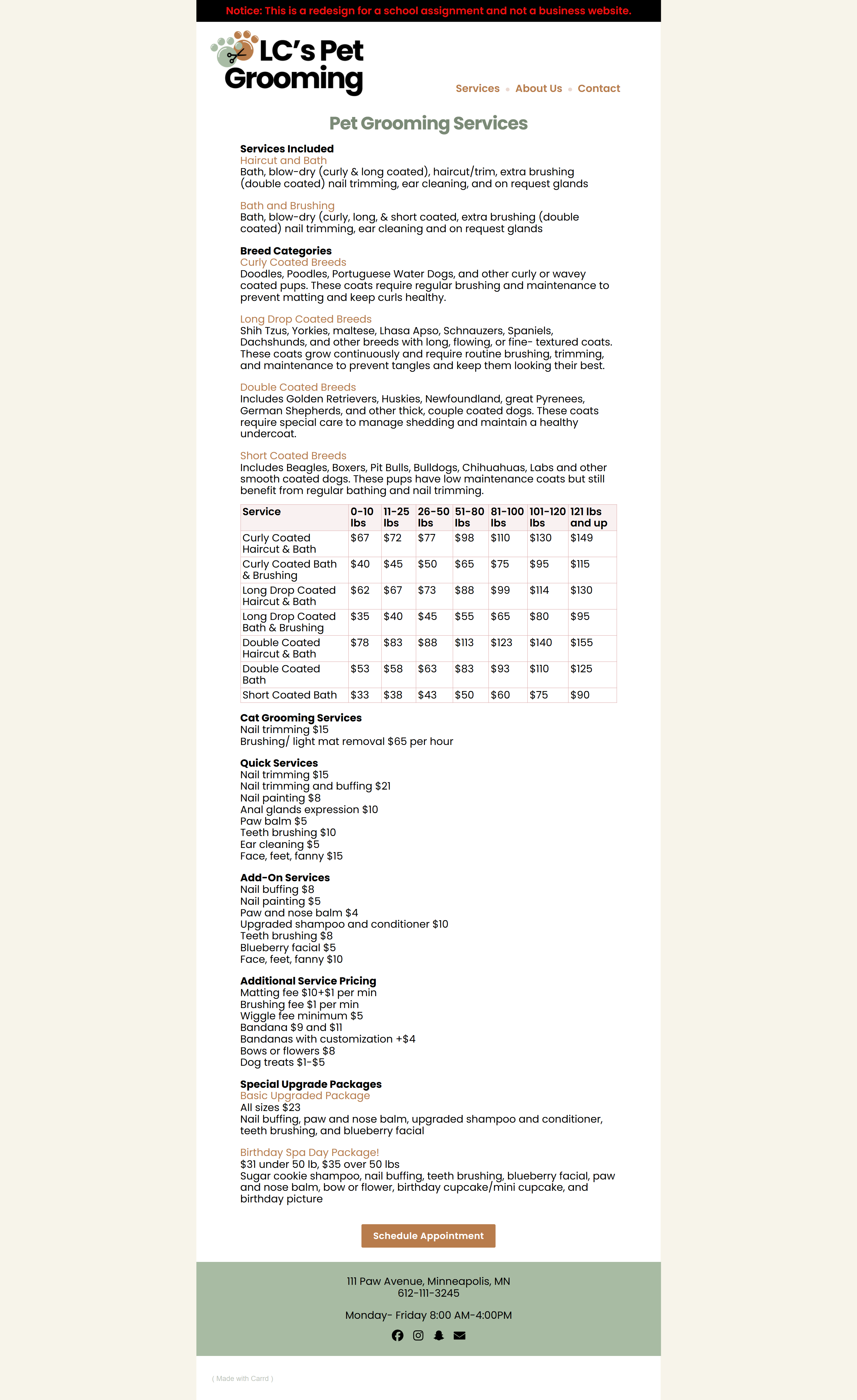 Carrd website grooming services page