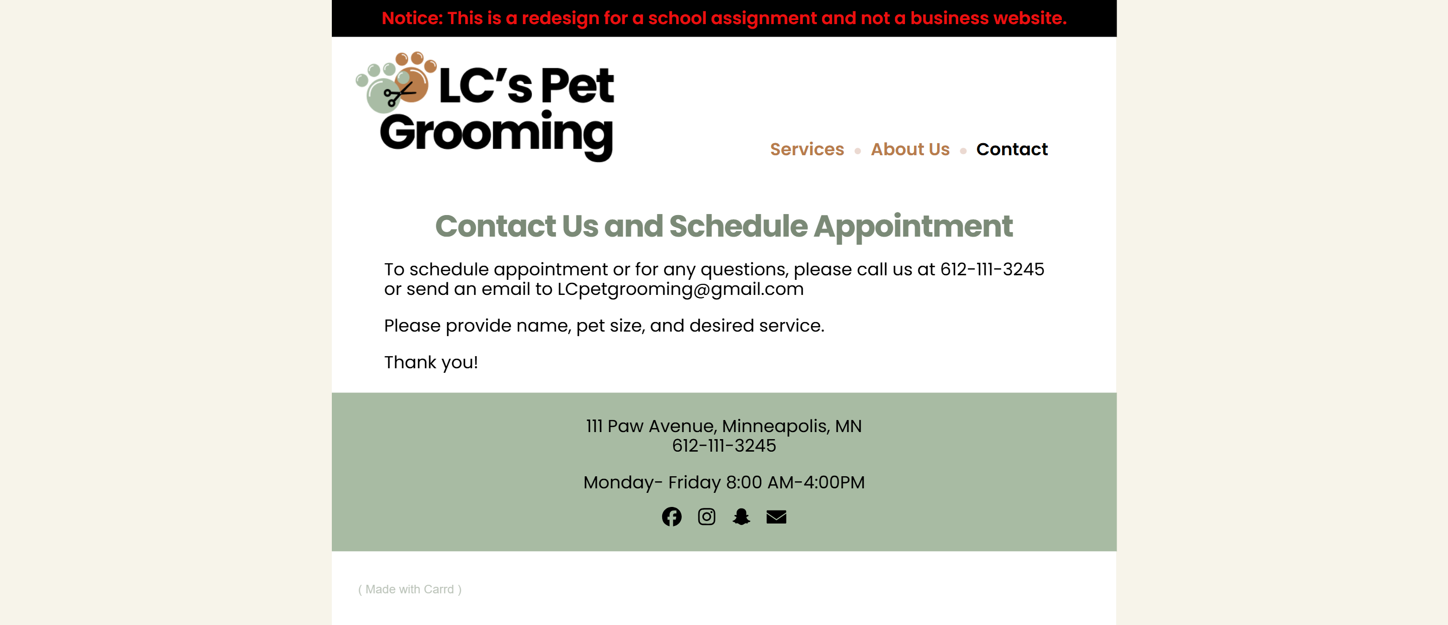 Carrd website contact us and schedule appointmnet page