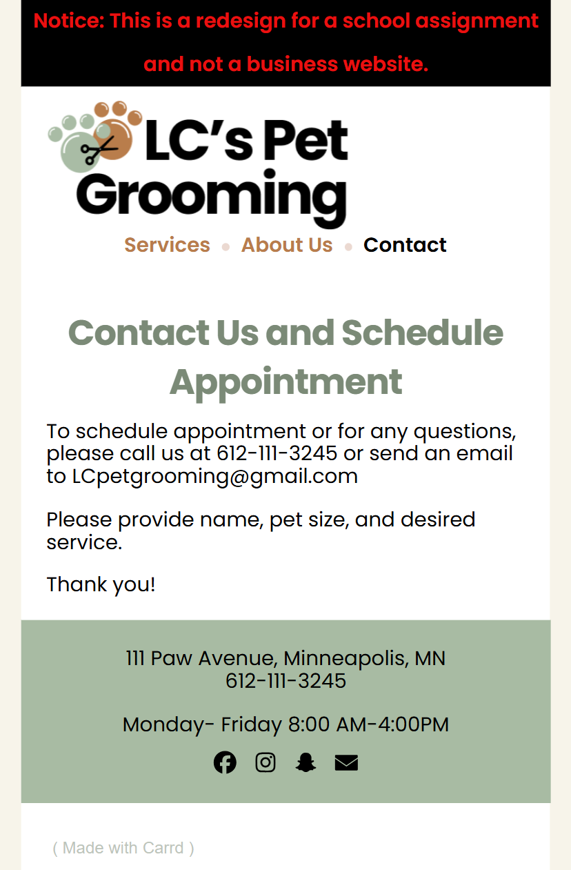 Carrd mobile website contact us and schedule appointment page