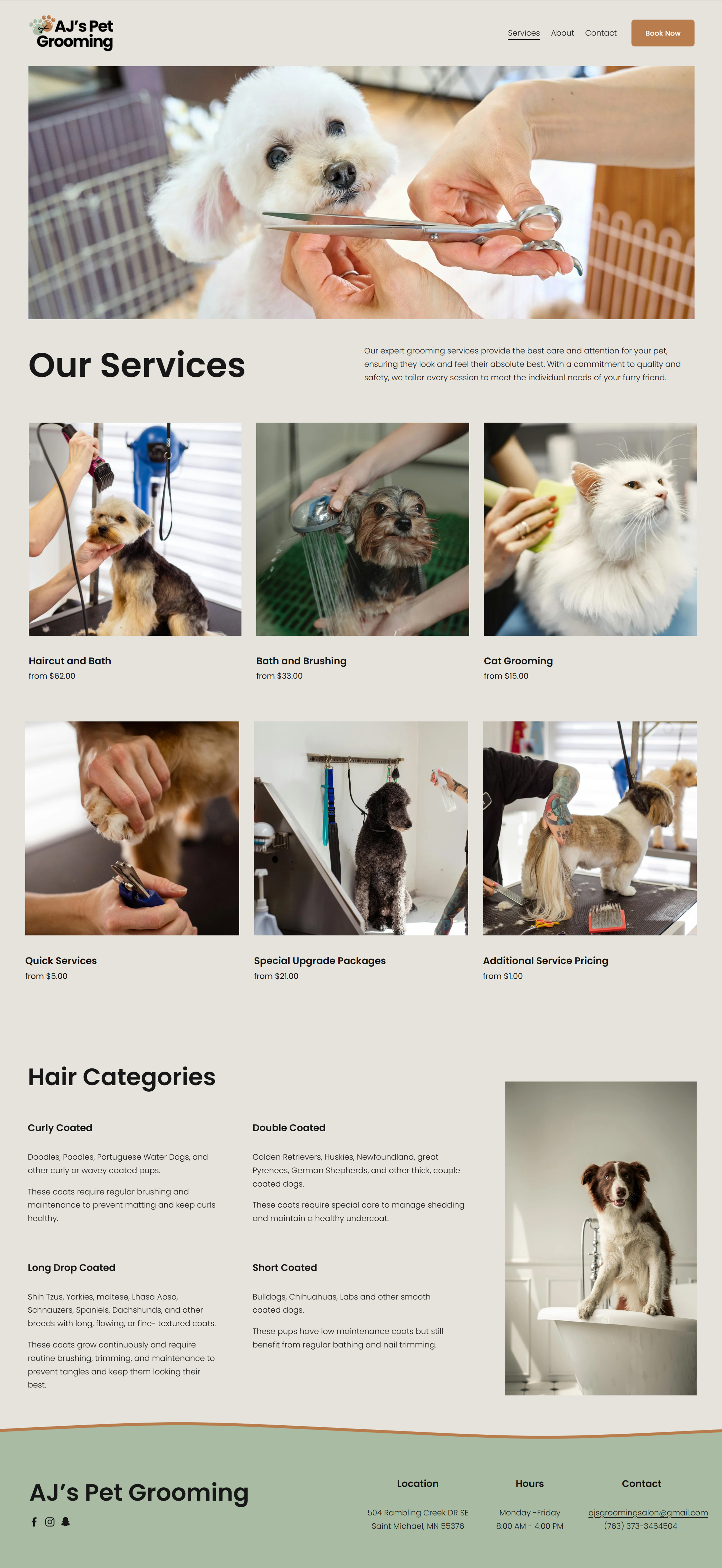 Squarespace website grooming services page