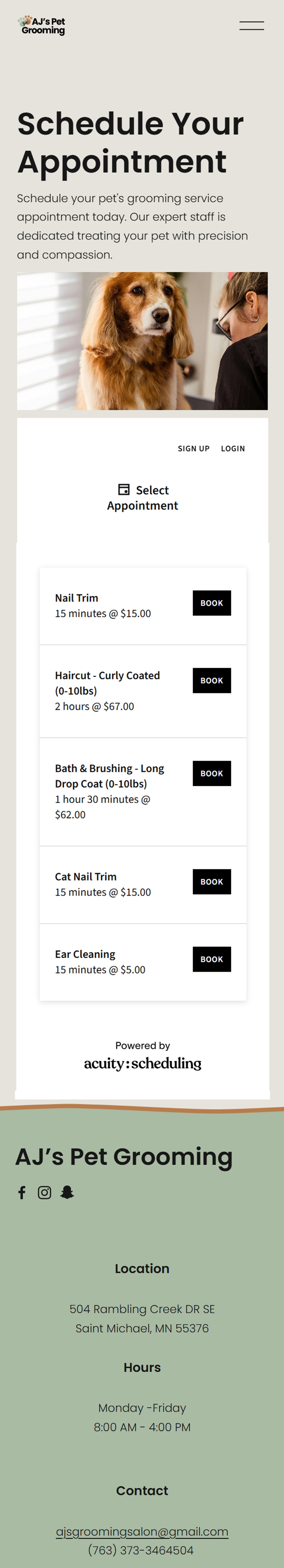 Squarespace mobile website schedule appointment page