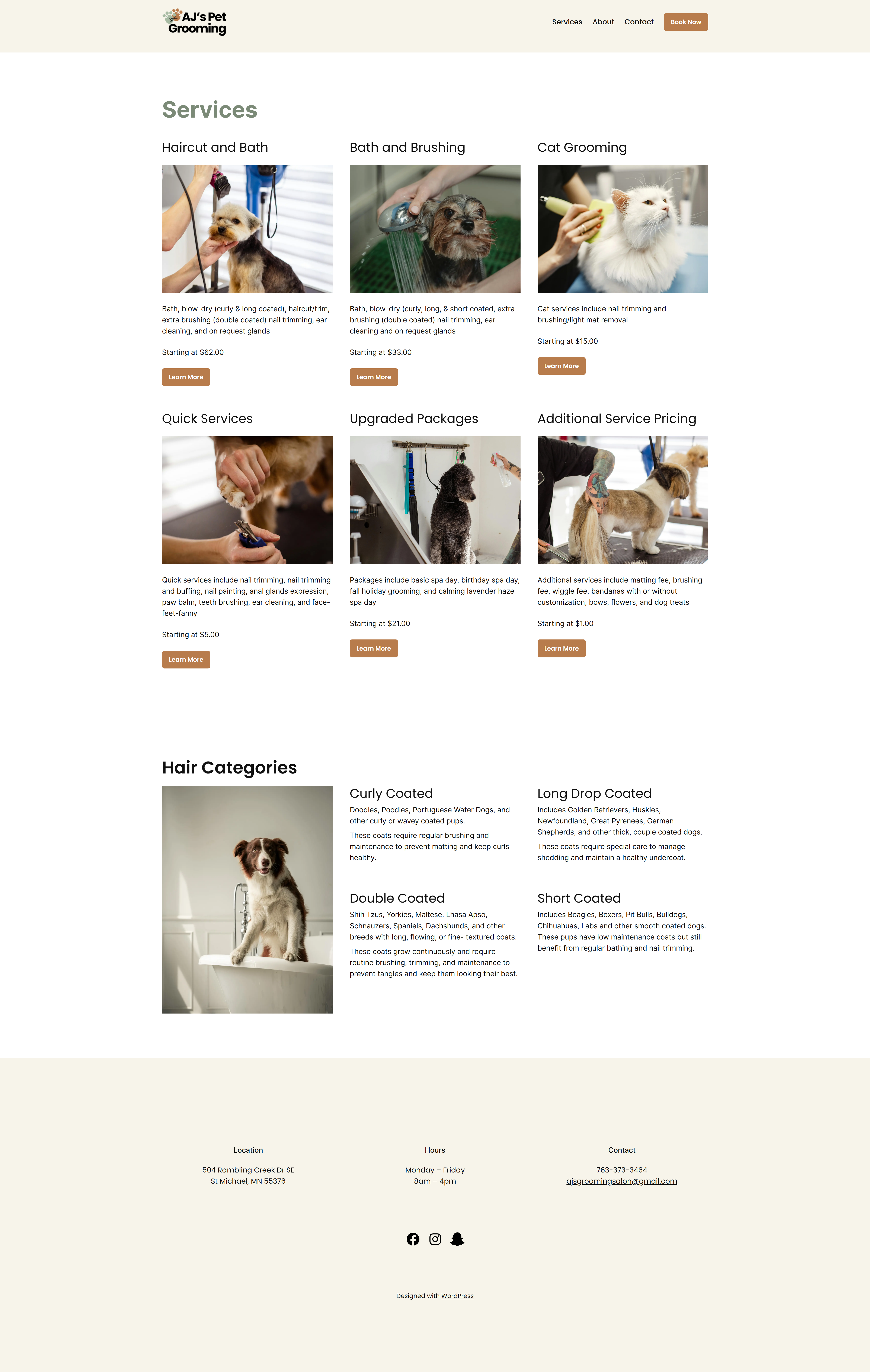 Wordpress website grooming services page