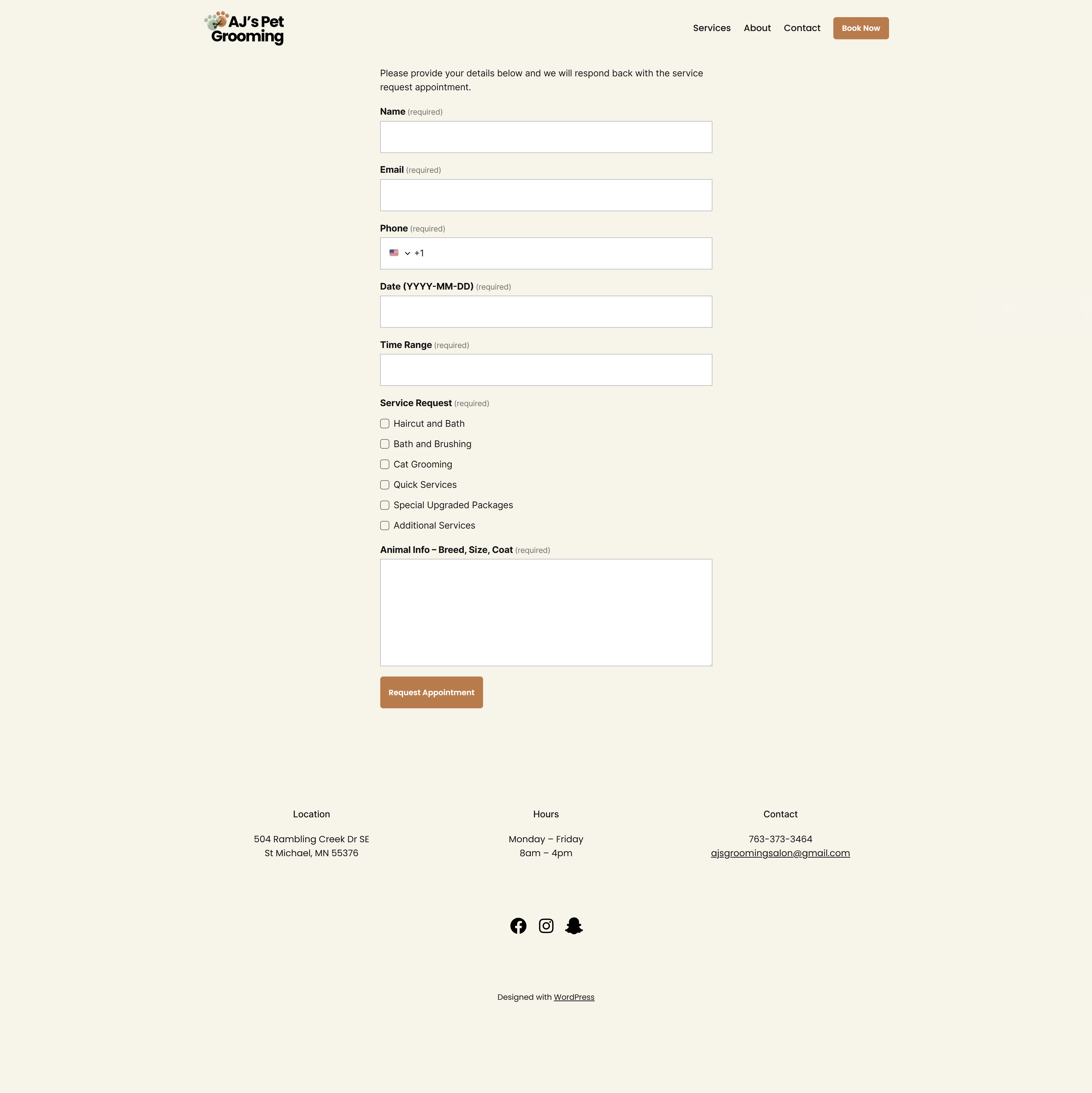 Wordpress website request appointment page