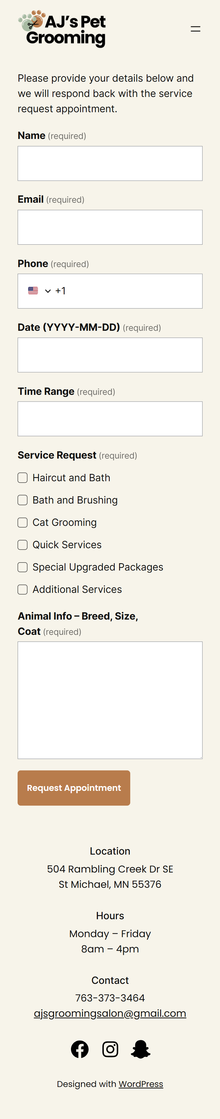 Wordpress mobile website request appointment